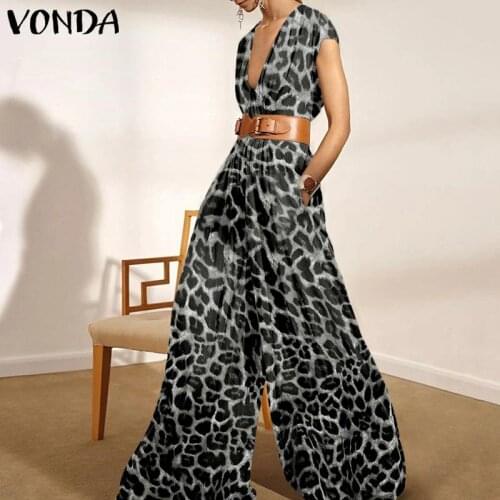 Women Summer Sleeveles Office Overalls VONDA Vintage Leopard Print Playsuits Palazzo Womens Trousers Wide Leg Jumpsuit Pantalon