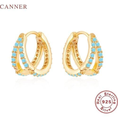 CANNER Real 925 Sterling Silver Earrings For Women Double Row Turquoise Personality Earrings Hoops Jewelry Aretes De Mujer