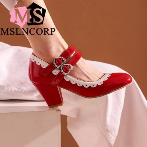 Plus Size 34-48 New fashion Square Buckle solid high heels shoes nightclub women pumps slip on red wedding Dress party shoes