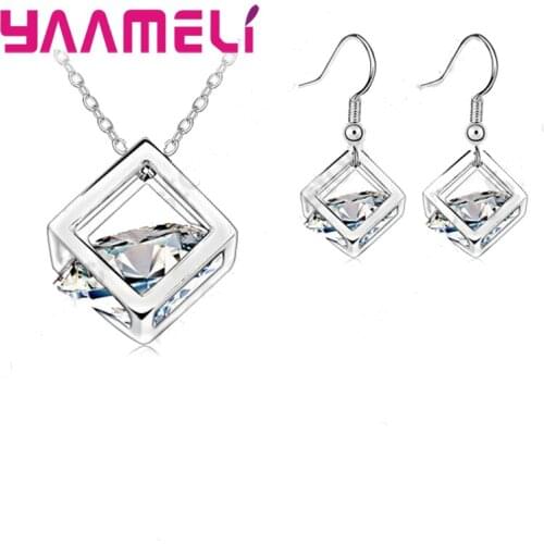 High Quality Personality Geometry Square Big Sparkling CZ Stone 925 Sterling Silver Jewelry Sets Woman Girls Anniversary Gift