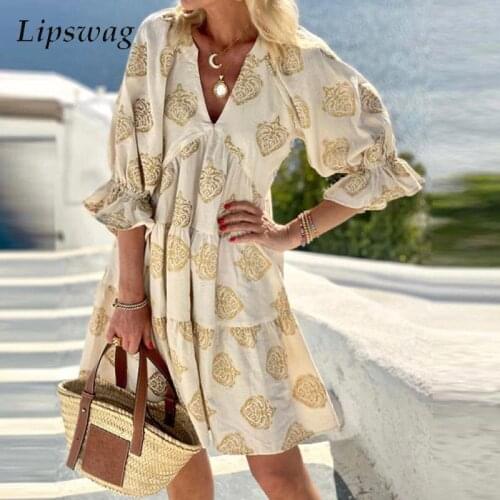 New Sexy V Neck Half Sleeve Ruffle Mini Dress Women Casual A-Line Loose Dress Fashion Vintage Printed Female Party Dress Vestido