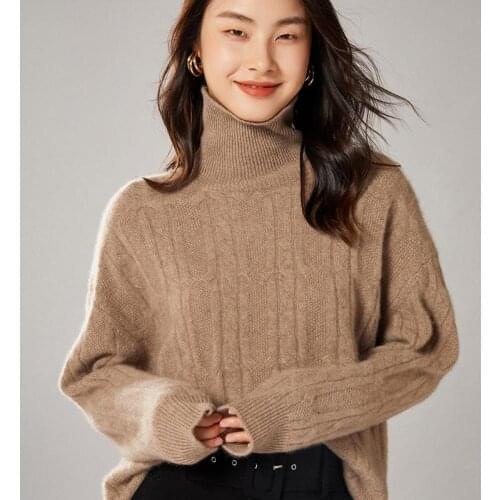 Winter Loose Thicker Warm Sweaters Ladies 100% Pure Merino Wool Long Sleeve Turtleneck Pullovers Woman 2Colors Woolen Jumpers
