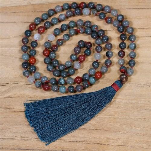 108 Mala Meditation Necklace African Blood Stone Beaded Knotted Necklace BOHO Long Tassel Necklace Handmade Jewelry Dropshipping