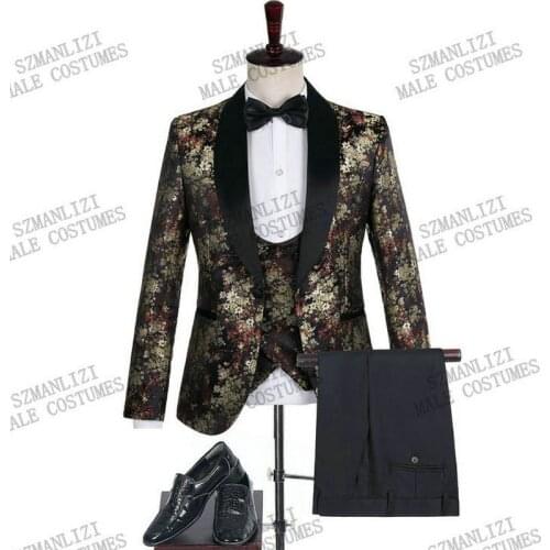 2020 Jacquard Flower Black Costume Slim Fit Double Breasted Vest Formal Prom Male Dress Suit Mens Groom Tuxedos Suit For Wedding