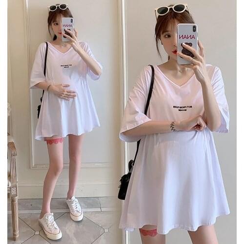 726# 2021 Summer Cotton Maternity Tees V Neck Slim Waist Loose T Shirt Clothes for Pregnant Women Chic Pregnancy Casual Tops