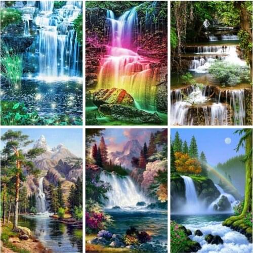 Diy 5d Diamond Embroidery Full Drill Waterfall Square Round Mosaic Diamond Painting Landscape Cross Stitch Kits Home Decor