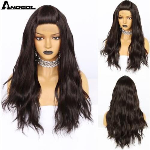 ANOGOL #4 Natural Black Synthetic Lace Front Wigs with Baby Hair for Women Long Water Wave Heat Resistant Futura Hair Wigs