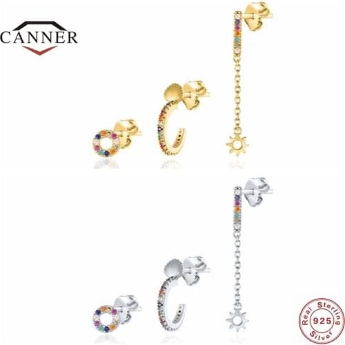 CANNER 3Pcs/set Real 925 Sterling Silver Stud Earrings For Women Colorful CZ Zircon Mixed Piercing Earring Jewelry Pendientes