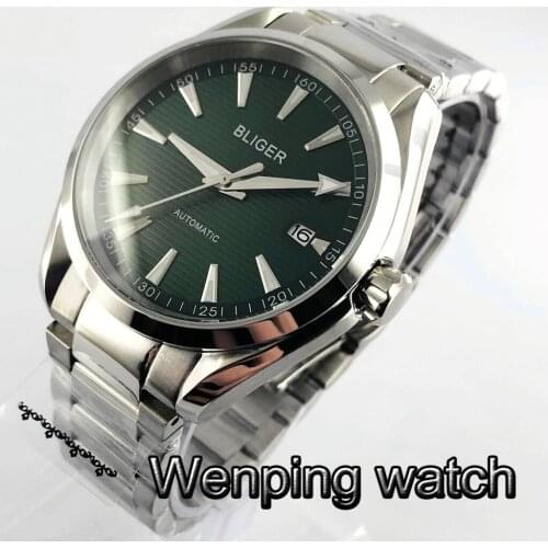 Bliger 40mm Mens Top Casual Mechanical Watch Silver Case Sapphire Crystal Green Dial Luminous NH35 Movement Automatic Watch