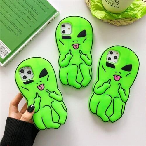 3D Strange Alien Cartoon Phone Case For iPhone 12Pro MAX 11 Xs Max 6 7 8Plus Funny Middle Finger Strange Alien Person Soft Cover