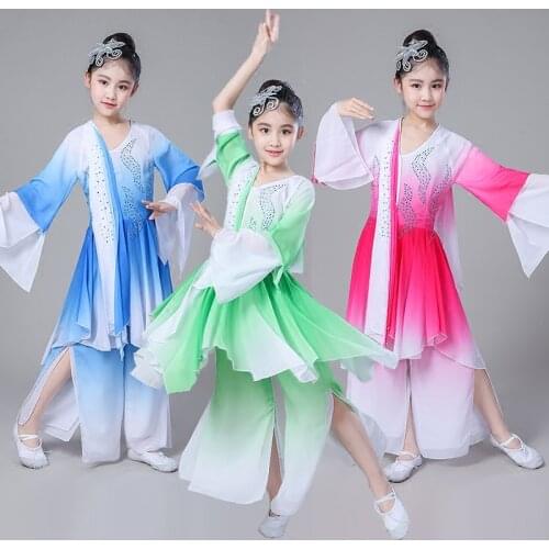 Childrens Classical Folk Dance Costume Fan Umbrella Dance Suit Performance Costumes Girls National Modern Yangko Dance Costume