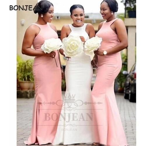 2021 Pink Black Girl Long Bridesmaid Dresses Mermaid Scoop Elastic Satin South African Bridesmaid Dress Wedding Party