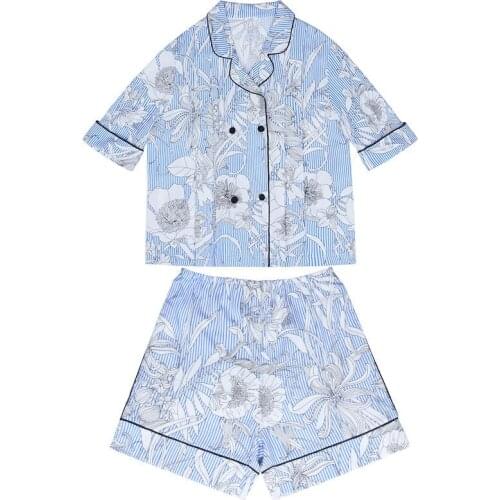 Stripes Print Women Pajamas Sets 2PCS Sexy Turn-Down Shorts Pyjamas Suit Faux Silk Summer Sleepwear Loose Nightwear Home Wear