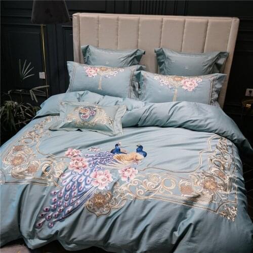 Noble 100S Egyptian cotton Embroidered Bedding sets Peacock Queen King Royal Duvet cover Bed sheet set Pillowcases 4/6pcs Blue