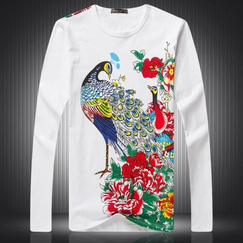 Chinese style personality peacock pattern printing long sleeve t shirt Autumn 2018 New quality cotton boutique t shirt men M-4XL