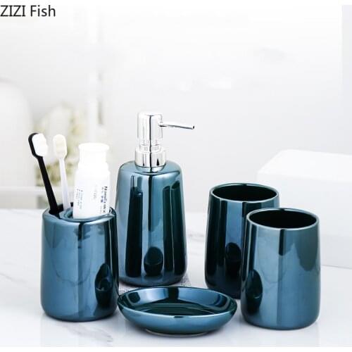 Solid Color Ceramic Five-piece Set Soap Dish and Mouthwash Cup Soap Dispenser Set Home Hotel Bathroom Accessories Wedding Gifts