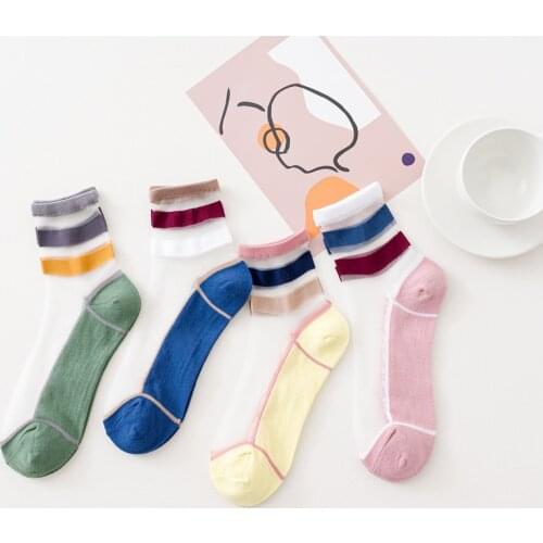 4 Pairs New Summer Transparent Candy Crystal Female Socks Japanese Cute Striped Color Matching Short Socks Patchwork Socks