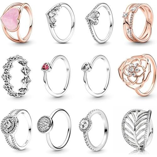 High Quality Original 100% 925 Sterling Silver pan Sparkling Rose Petals Statement Ring DIY Jewelry