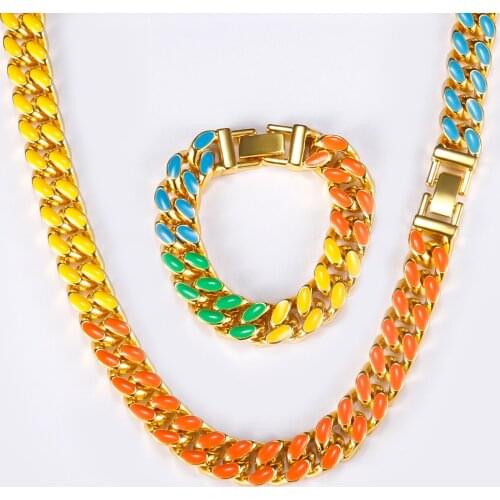 OMKAIMING Newest 13mm Alloy Cuban Necklace Link Chain for Women Men Colorful Enamel Choker Necklace Rainbow Bracelet Jewelry