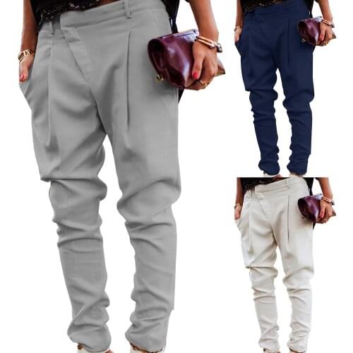 Casual Women Solid Color High Waist Pockets Skinny Pencil Pants Long Trousers