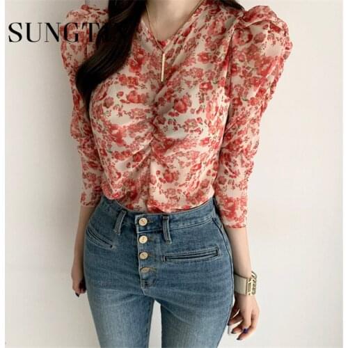 Sungtin Chic Vintage Floral Printing Shirt Long puff Sleeve Female Blouse 2021 Summer Loose Female Shirts Flower New
