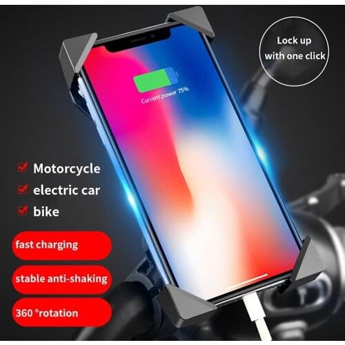 Bicycle Motorcycle Mobile Phone Holder for 4-6.8 inches Smartphone 360 Degree Rotation Phone Bracket with USB Charging Port