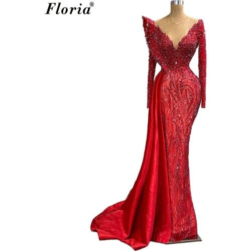 Long Sleeves Red Evening Dresses Beads Luxury Evening Gowns For Women Mermaid Wedding Party Dresses Muslim Prom Dresses Vestidos