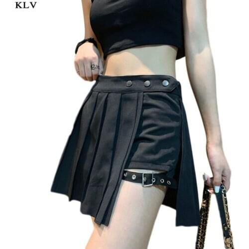 Womens Harajuku Punk Irregular Mini Pleated Skater Skirt Asymmetric Cutout High Waist Hip Hop Clubwear with Thigh Ring Shorts