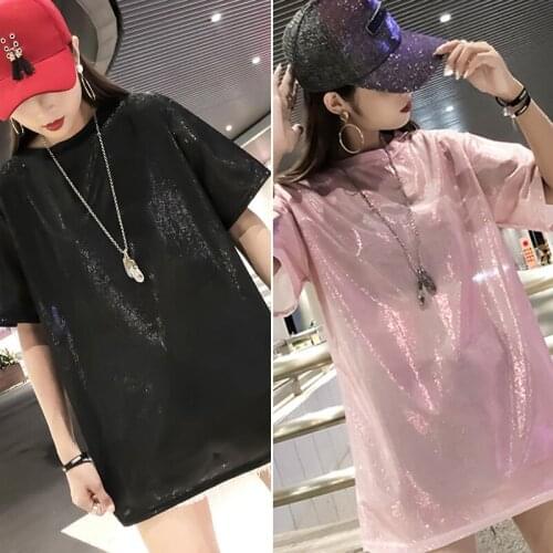 Womens Summer Loose Tshirt Solid Color Korean Style Plus Long Streewear Ladies Casual Tee Shirt