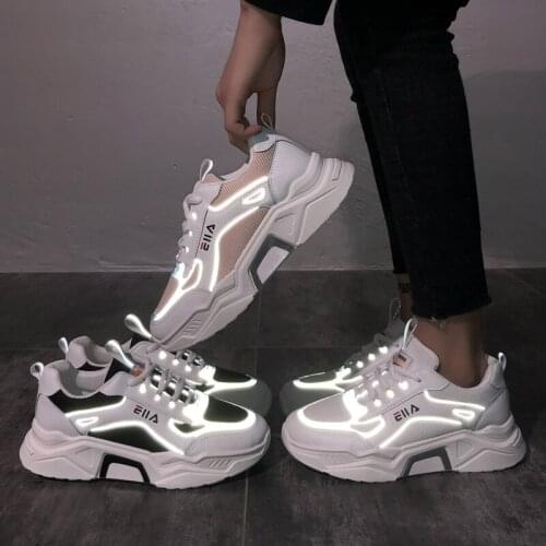 2021 Spring and Autumn Old Shoes Reflective Breathable Mesh Increased Sports Shoes Casual Running Ladies Vulcanized Shoes