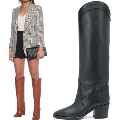 Moraima Snc Runway Knee High Boots Pointed Toe Thick Heels Leather Riding Boots Woman Fashion Long Boots Black Brown