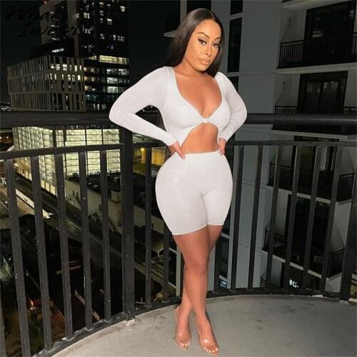 Whatiwear 2021Solid Hollow out Workout Skinny Women Rompers Long Sleeve Active Wear Shorts Playsuits Fitness Street Style Outfit