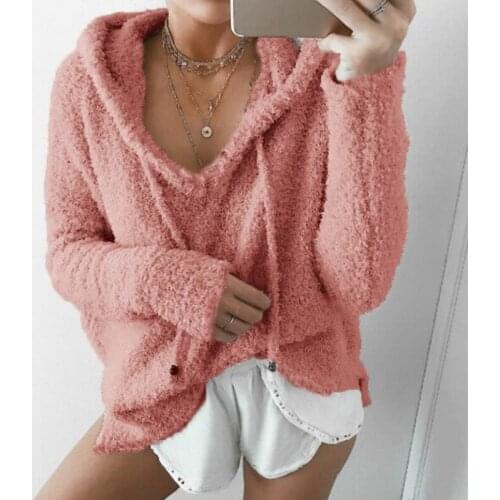 2020 Autumn Top Women Casual Mohair Hooded Pullovers V Neck Fleece Sweater Fashion Sweet Loose Warm Winter Mohair Tops Pullover