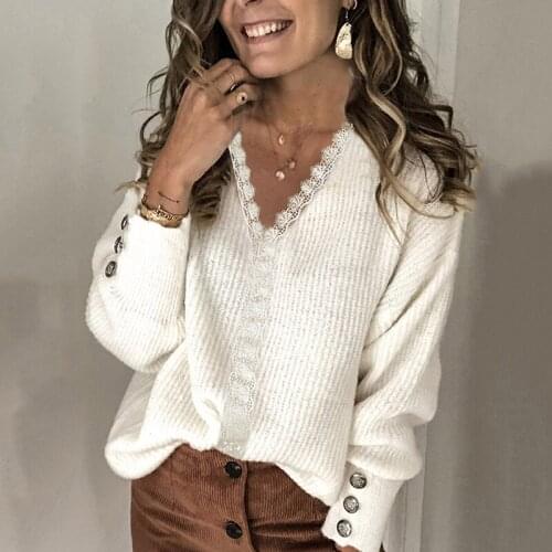 2021 Autumn And Winter New Pullover Lace Stitching V-neck Womens Loose Long-sleeved Solid Color Knitted Sweater Casual Office