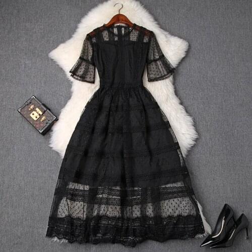 Lady Work Office Dress Runway 2021 new ladies women Flare Sleeve Voile elegant dress A-Line summer Mesh sexy empire Lace dresses