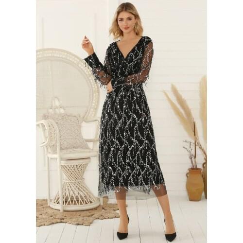 Dress Long Sleeve Sexy V-neck Tassel Sequin Dress Spring Summer Dress