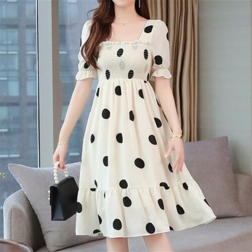 2021 Vestidos Slim For Women Chiffon Square Neck Dresses Apricot Black Dot Bow Womens Summer Party Lady Outfits S-XL Dress