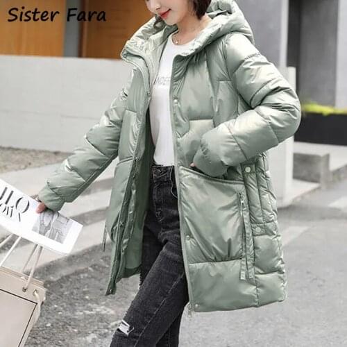 Sister Fara 2021 Winter Womens Glossy Long Hooded Down Jacket Cotton Padded Jacket Ladies Thicken Warm Down Cotton Parka Coat