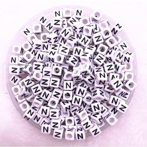 100pcs/lot "N"White Alphabet/ Letter Acrylic Cube Beads For DIY Jewelry Making 6x6mm(1/4"x1/4")