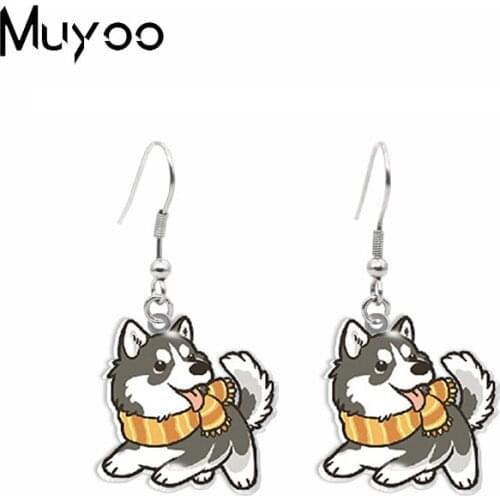 2020 New Cute Husky Corgi Pet Dog Cartoon Puppy Acrylic Epoxy Dangles Fish Hook Earrings Handmade Earrings