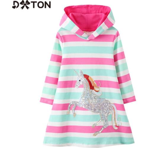 DXTON Hooded Children Dresses Winter Girls Hoodied Dress Sequins Unicorn Kids Dresses For Girls Stripes Toddler Cotton Clothing