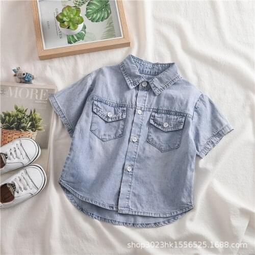 Kids Short Sleeve Shirts Baby Boys Summer New Casual Denim Shirts Childrens Korean Pocket Fashion Blouse Boys Clothes 1-5 Years