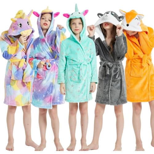 2-14 Year Baby Robe Cartoon Hoodies Girl Boys Sleepwear Unicorn Bath Towels Kids Soft Bathrobe Pajamas Childrens Clothing