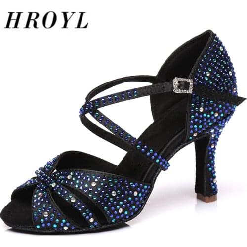 HROYL Women Latin dance shoes For Girls ladies With Rhinestone Ballroom Tango Dancing Shoes 10/9/8.5/7.5/6/CM Heels Dropshipping