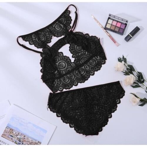 2020 New Female Sexy Lingerie Set Women Lace Floral Transparent Open Bra Set G-String Underwear Nightwear Black Bra & Brief Sets
