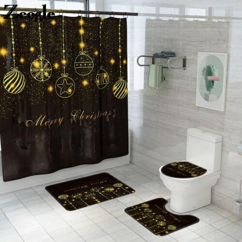 Christmas Style Bathroom Bath Mat Waterproof Shower Curtain and Bath Mat Set Toilet Carpet Seat Cover Mat Absorbent Carpet