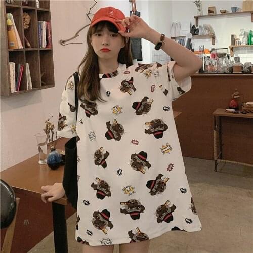 Summer college style puppy cartoon full print half-sleeved mid-length loose cotton T-shirt all-match casual women