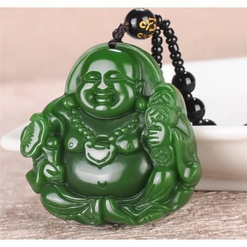 Fashion green Jade Laughing Buddha Pendant Necklace Jewellery Chinese Hand-Carved Relax Healing Women Man Luck Gift Free Rope