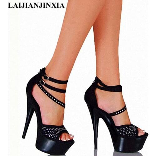 New 15cm ultra high heels sandals rivets open toe cover heel with the temptation to shoes 6 inch Platform dance shoes