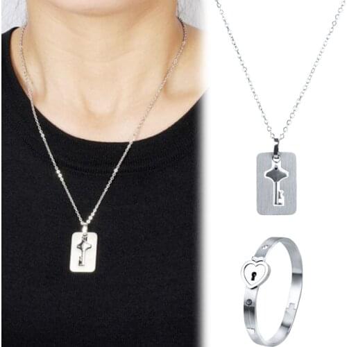 2 Pieces/Set Couple Jewelry Love Lock Bracelet Stainless Steel Bracelet Key Pendant Necklace Jewelry Simple Punk Ornaments